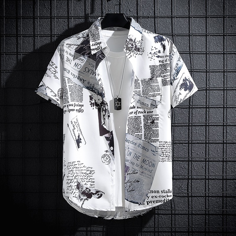 Newspaper Printed Shirt,Korean - đánh giá và giá Summer Clothing Essentials Men